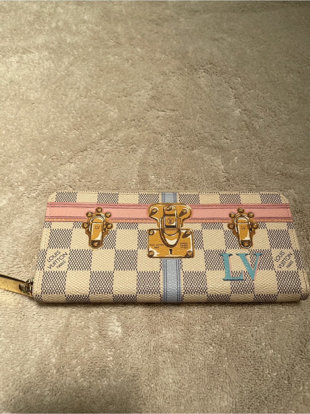 Louis Vuitton Damier Azur Summer Trunks Clemence Zip Wallet Pink Blue